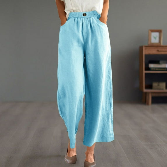 Luxalzxs Women Summer High Waisted Cotton Linen Palazzo Pants Wide Leg Long Lounge Pant Trousers with Pocket