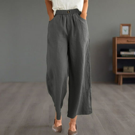 Luxalzxs Women Summer High Waisted Cotton Linen Palazzo Pants Wide Leg Long Lounge Pant Trousers with Pocket