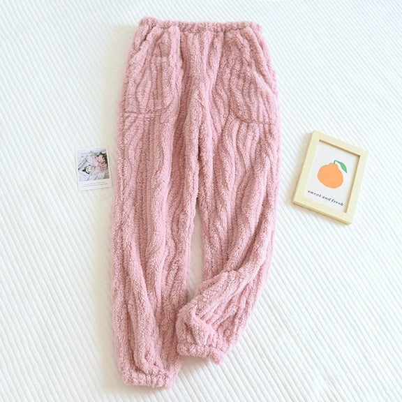 Luxalzxs Women Winter Flannel Pajama Pants Plus Velvet Thickened Warm Pants Solid Color Casual Elastic Waist Home Pants