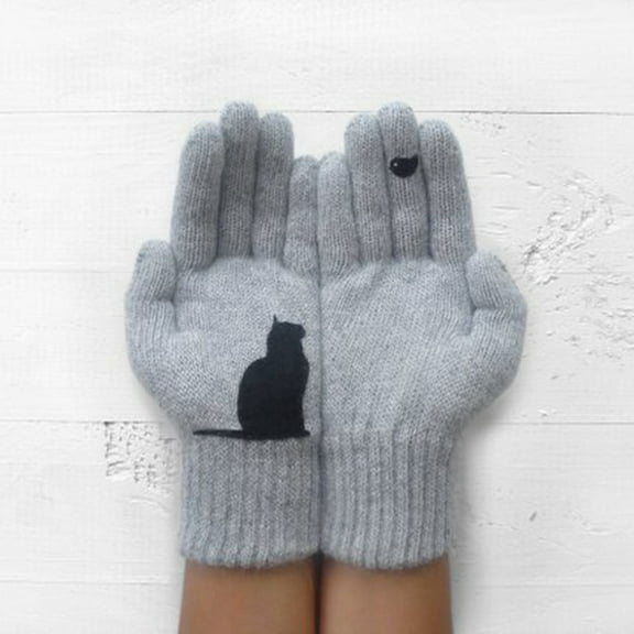 Luxalzxs Women Winter Gloves Warm Cat Printing Gloves Fall Woolen Knitting Outdoor Gloves