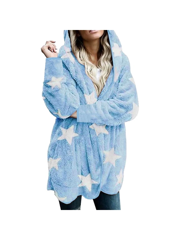 Luxalzxs Women Winter Hooded Cardigan Plush Fuzzy Star Print Jacket Hoodies Open Front Fleece Coat Outwear with Pockets