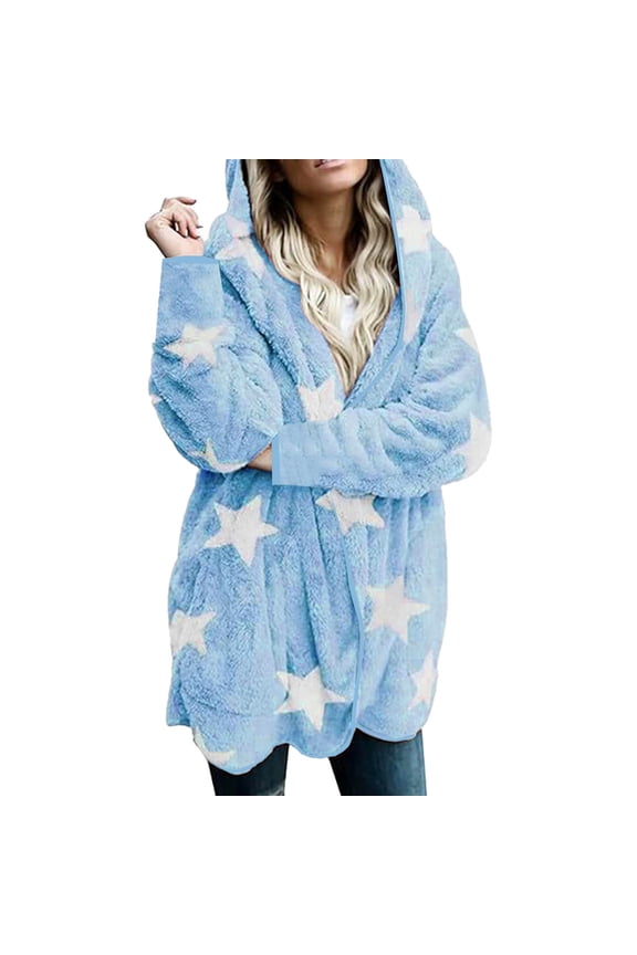 Luxalzxs Women Winter Hooded Cardigan Plush Fuzzy Star Print Jacket Hoodies Open Front Fleece Coat Outwear with Pockets