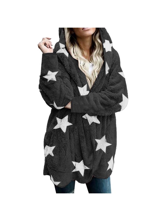 Women Winter Hooded Cardigan Plush Fuzzy Star Print Jacket Hoodies Open Front Fleece Coat Outwear with Pockets