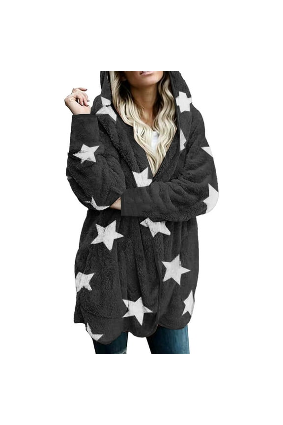 Luxalzxs Women Winter Hooded Cardigan Plush Fuzzy Star Print Jacket Hoodies Open Front Fleece Coat Outwear with Pockets