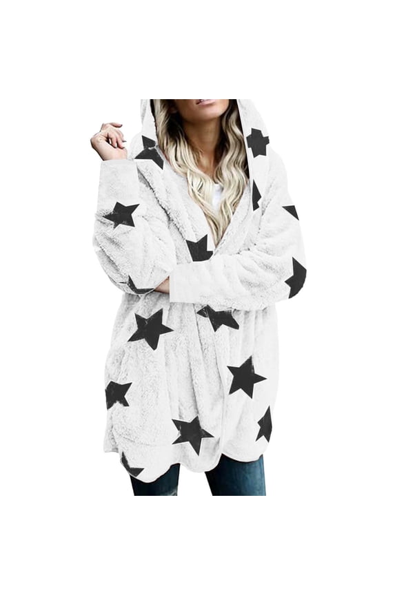 Luxalzxs Women Winter Hooded Cardigan Plush Fuzzy Star Print Jacket Hoodies Open Front Fleece Coat Outwear with Pockets
