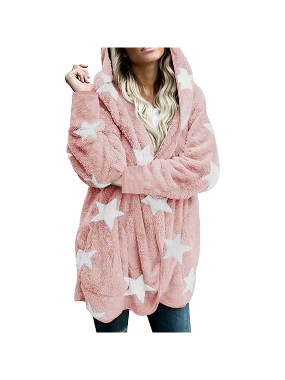 Luxalzxs Women Winter Hooded Cardigan Plush Fuzzy Star Print Jacket Hoodies Open Front Fleece Coat Outwear with Pockets
