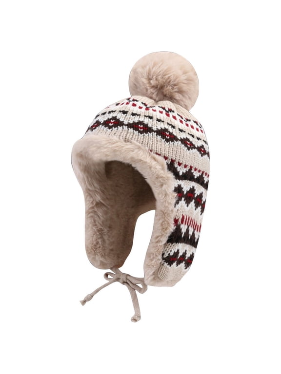 Luxalzxs Women Winter Peruvian Cover Ears Beanie Hat Ear Flaps Sherpa Fleece Lined Ski Snow Hats Retro Outdoor Warm Knit Wool Hat with Pompom