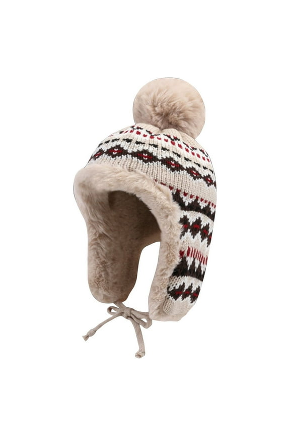 Luxalzxs Women Winter Peruvian Cover Ears Beanie Hat Ear Flaps Sherpa Fleece Lined Ski Snow Hats Retro Outdoor Warm Knit Wool Hat with Pompom