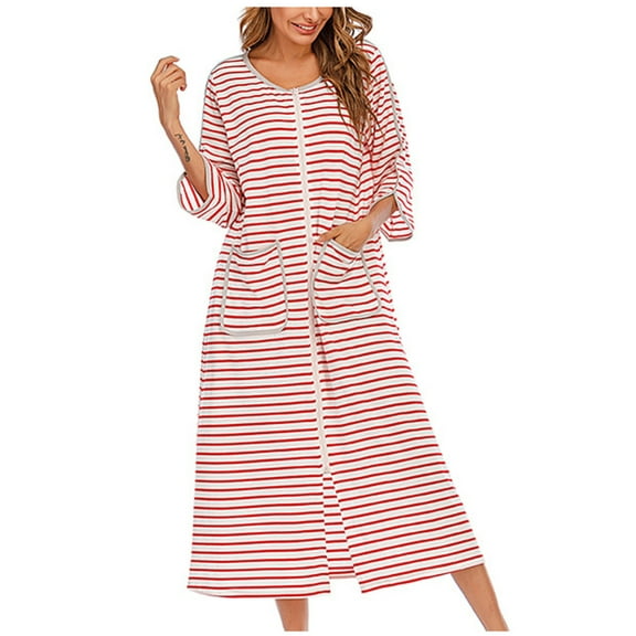Luxalzxs Women Zipper Robe 3/4 Sleeve Bathrobe Full Length Ladies Stripe Nightgown Housecoat with Pockets