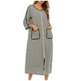 thumbnail image 1 of Luxalzxs Women Zipper Robe 3/4 Sleeve Bathrobe Full Length Ladies Stripe Nightgown Housecoat with Pockets, 1 of 5