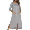 thumbnail image 1 of Luxalzxs Women Zipper Robe 3/4 Sleeves Solid Color Round Neck Pyjamas Loungewear Dress Sleepwear Sleepshirts with Pockets Housecoat Nightgown Long Bathrobe, 1 of 5
