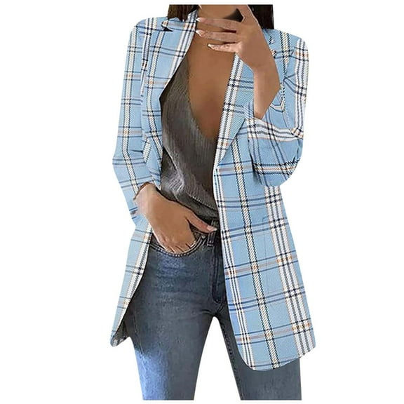 Luxalzxs Women's Blazers & Suit Jackets Casual Long Sleeve Open Front Work Office Jackets Lapel Plaid Long Blazer Suit for Bussiness