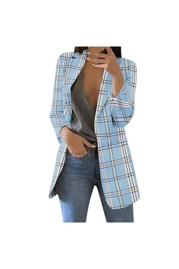 Luxalzxs Women's Blazers & Suit Jackets Casual Long Sleeve Open Front Work Office Jackets Lapel Plaid Long Blazer Suit for Bussiness