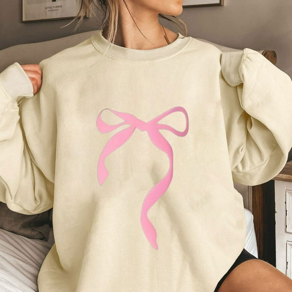 Luxalzxs Women's Bow Round Neck Pullover Long Sleeve Drop Shoulder Loose Fit Casual Lovely Sweatshirts