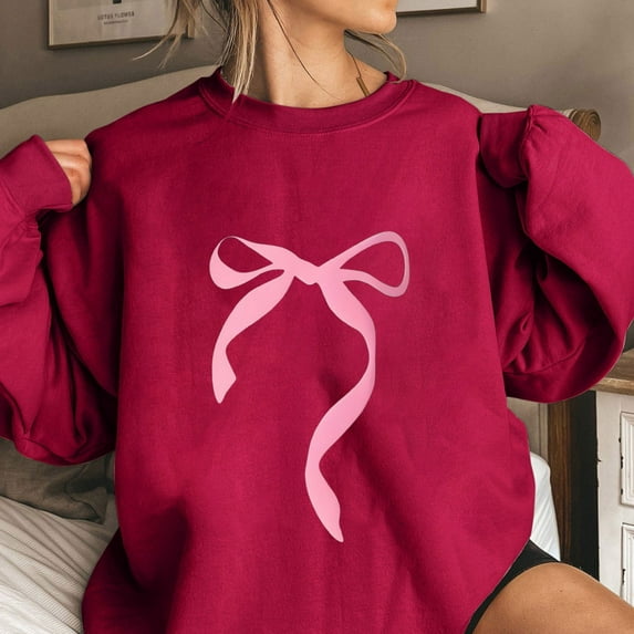 Luxalzxs Women's Bow Round Neck Pullover Long Sleeve Drop Shoulder Loose Fit Casual Lovely Sweatshirts