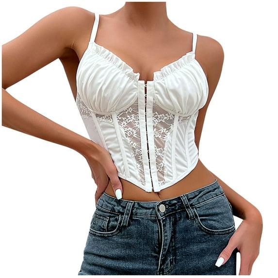 Luxalzxs Women's Bustiers & Corsets Lace Mesh Bustier Fish Boned Sheer Spaghetti Straps Going Out Corset Crop Top