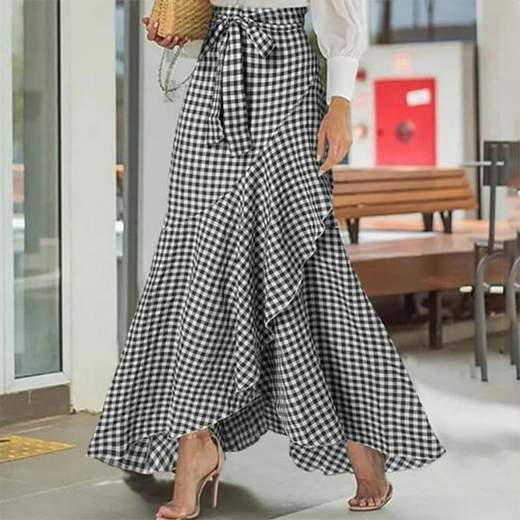 Luxalzxs Women's Casual Plaid Mermaid Maxi Skirt A Line Irregular Ruffle Hem Fishtail Long Skirt High Waist Boho Wrap Front Tie Knots Asymmetrical Hem Split Midi Skirt