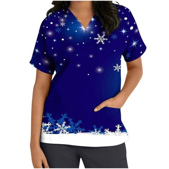 Luxalzxs Women's Christmas Nurse Uniforms Xmas Print Workwear T-Shirts Short Sleeve V Neck Scrub Tops with Pockets