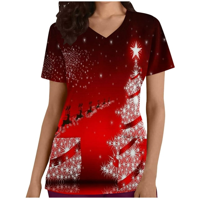 Luxalzxs Women's Christmas Scrub Tops Cute Print Short Sleeve V-Neck Shirts Anti Wrinkle Nursing Uniform Holiday Tops