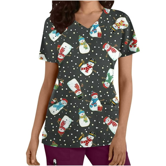 Luxalzxs Women's Christmas Scrub Tops Cute Print Short Sleeve V-Neck Shirts Anti Wrinkle Nursing Uniform Holiday Tops