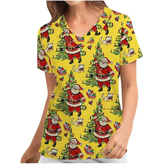 Luxalzxs Women's Christmas Scrub_Tops, V-Neck Short Sleeve Nurse Working Uniforms Xmas Printed Holiday Shirts with Pockets