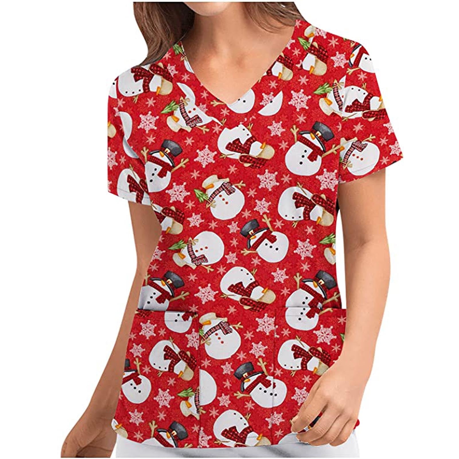 Luxalzxs Women's Christmas Scrub_Tops, V-Neck Short Sleeve Nurse Working Uniforms  Xmas Printed Holiday Shirts with Pockets - Walmart.com, image size:1600x1600