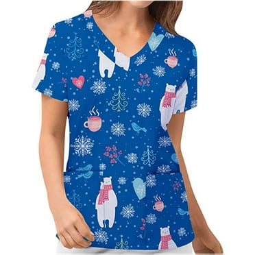 Luxalzxs Women's Christmas Scrub_Tops, V-Neck Short Sleeve Nurse Working Uniforms Xmas Printed Holiday Shirts with Pockets