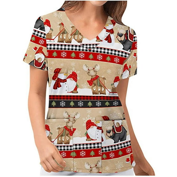 Luxalzxs Women's Christmas Scrub_Tops, V-Neck Short Sleeve Nurse Working Uniforms Xmas Printed Holiday Shirts with Pockets