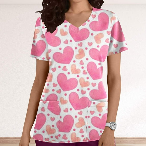 Luxalzxs Women's Comfortable Lightweight Scrub Tops Stretchy Fashion Hearts Love Printed Work Uniform Medical Scrub Top Carer