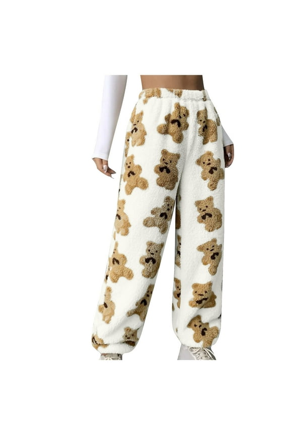 Luxalzxs Women's Cute Bear Plush Pajama Pants, Soft Fluffy Fleece Warm Pjs Bottoms Sleepwear Winter High Waisted Comfy Fuzzy Lounge Pants Sweatpants