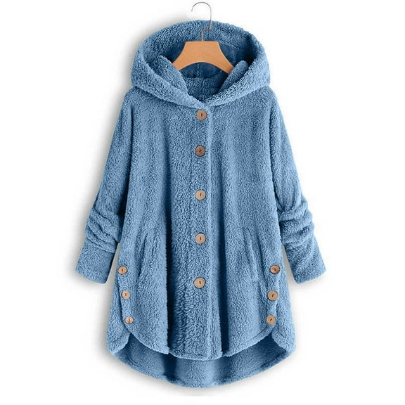 Luxalzxs Women's Fall Winter Fleece Hooded Coats Long Sleeve Double Sided Fuzzy Jackets Button Down Solid Color Sweatshirts Cardigan Tops