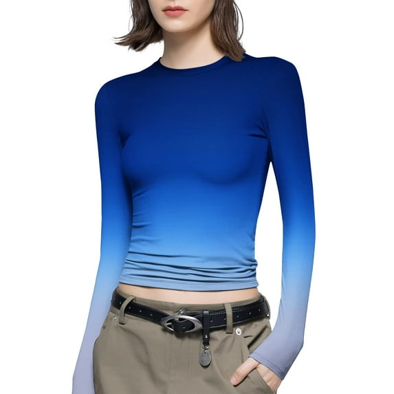 Luxalzxs Women's Fashion Casual Long Sleeve Gradient Color Round Neck T-Shirt Basic Y2K Tight Slim Fit Workout Yoga Shirt