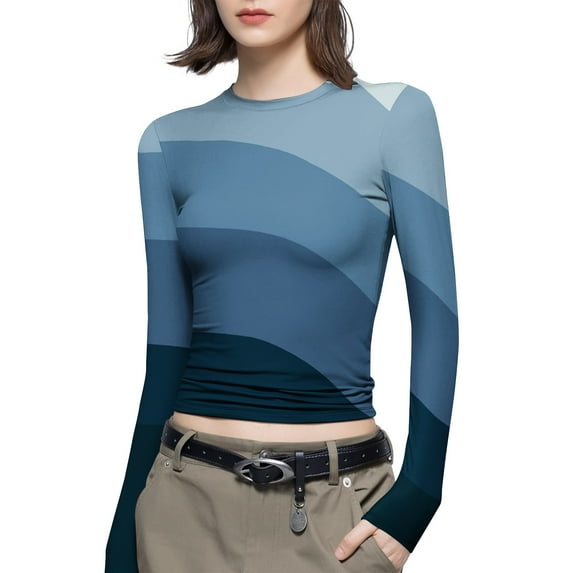 Luxalzxs Women's Fashion Casual Long Sleeve Gradient Color Round Neck T-Shirt Basic Y2K Tight Slim Fit Workout Yoga Shirt