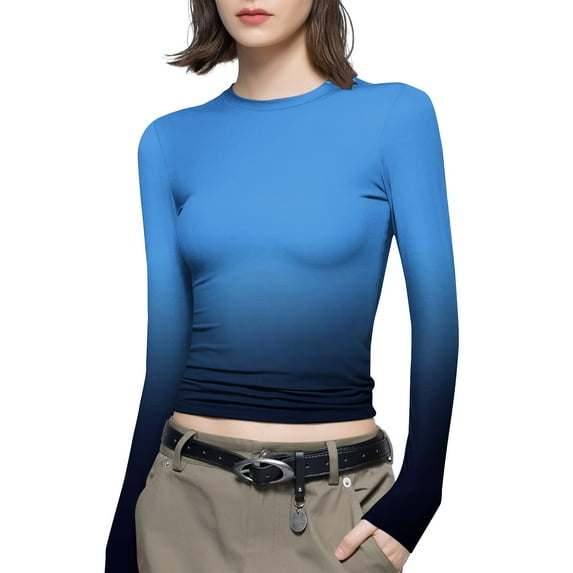 Luxalzxs Women's Fashion Casual Long Sleeve Gradient Color Round Neck T-Shirt Basic Y2K Tight Slim Fit Workout Yoga Shirt