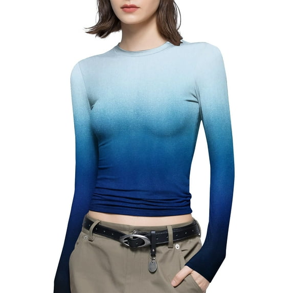 Luxalzxs Women's Fashion Casual Long Sleeve Gradient Color Round Neck T-Shirt Basic Y2K Tight Slim Fit Workout Yoga Shirt