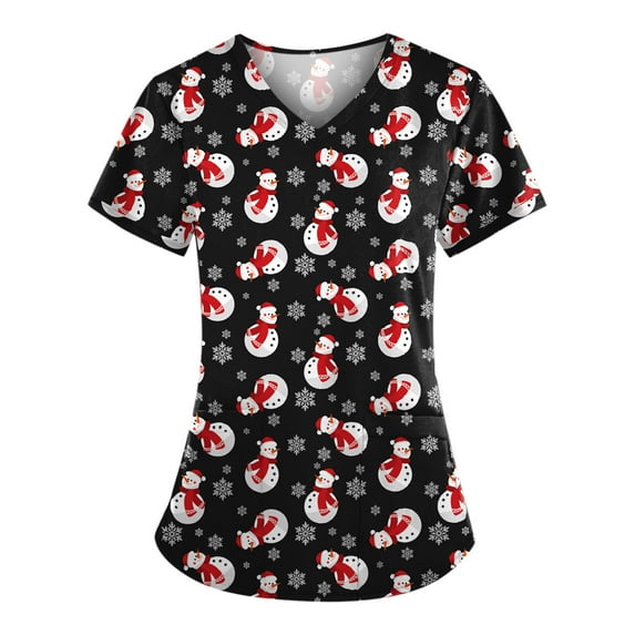 Luxalzxs Women's Fashion Short Sleeve V-Neck Tops Working Uniform Christmas Printing with Pocket Blouse Tops