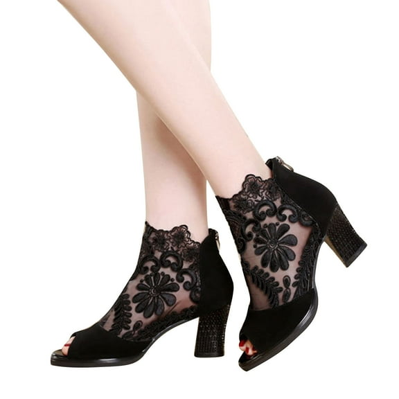 Luxalzxs Women's Flowers Lace Fish Mouth Open Toe High Heels Sandals with Back Zipper Cutout Breathable Non-Slip Block Heeled Ankle Bootie Sandals Fashion Wedding Party Dress Shoes