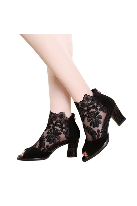 Luxalzxs Women's Flowers Lace Fish Mouth Open Toe High Heels Sandals with Back Zipper Cutout Breathable Non-Slip Block Heeled Ankle Bootie Sandals Fashion Wedding Party Dress Shoes