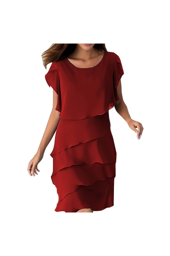 Luxalzxs Women's Flowy Chiffon Tiered Midi Dress Summer Flutter Sleeve Layered Knee Length Cocktail Dresses Evening Gown Wedding Guest Dress