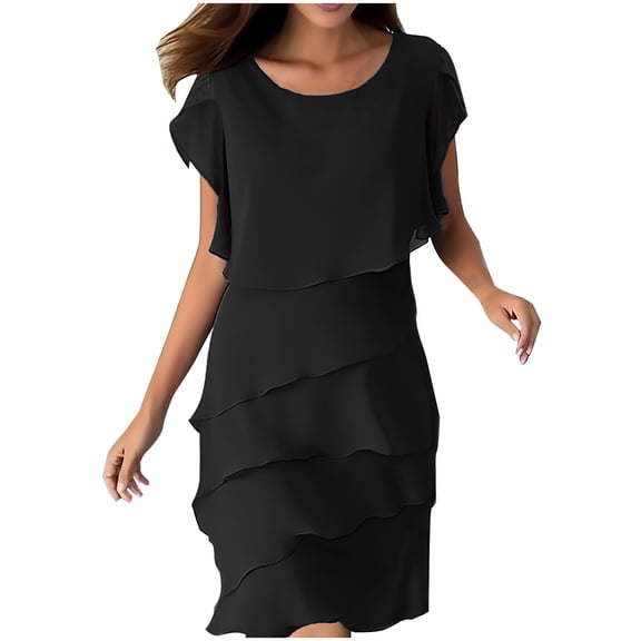 Luxalzxs Women's Flowy Chiffon Tiered Midi Dress Summer Flutter Sleeve Layered Knee Length Cocktail Dresses Evening Gown Wedding Guest Dress