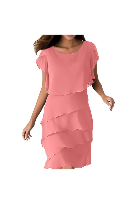 Women's Flowy Chiffon Tiered Midi Dress Summer Flutter Sleeve Layered Knee Length Cocktail Dresses Evening Gown Wedding Guest Dress