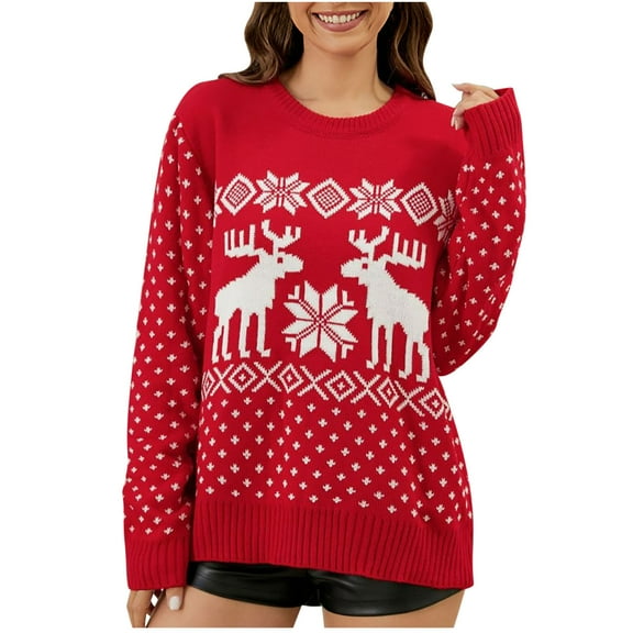 Luxalzxs Women's Funny Ugly Christmas Knitted Sweaters Crewneck Cute Reindeer Pullover Sweater for Holiday Party