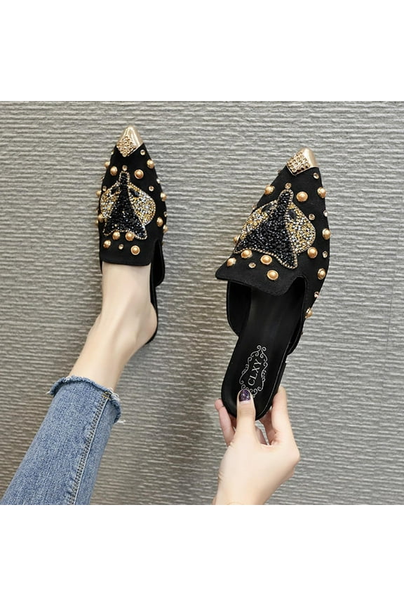 Luxalzxs Women's Glitter Rhinestone Flat Mules Comfortable Closed Pointed Toe Casual Slip On Slides Loafer Ladies Sparkly Crystal Baotou Clogs Slippers Pumps Sandals for Party Prom Date Wedding