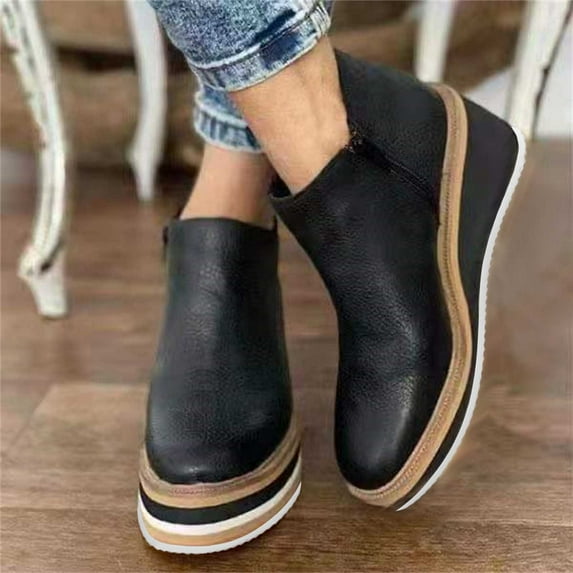Luxalzxs Women's Leather Platform Wedges Ankle Boots with Side Zipper Fashion Vintage Round Toe Comfortable Warm Lining Casual High Top Soft Sole Mid Chunky Heel Anti-Slip Booties