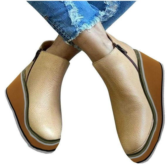 Luxalzxs Women's Leather Platform Wedges Ankle Boots with Side Zipper Fashion Vintage Round Toe Comfortable Warm Lining Casual High Top Soft Sole Mid Chunky Heel Anti-Slip Booties