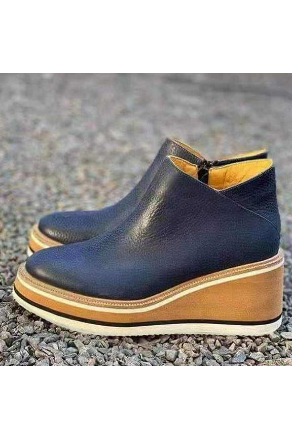 Luxalzxs Women's Leather Platform Wedges Ankle Boots with Side Zipper Fashion Vintage Round Toe Comfortable Warm Lining Casual High Top Soft Sole Mid Chunky Heel Anti-Slip Booties