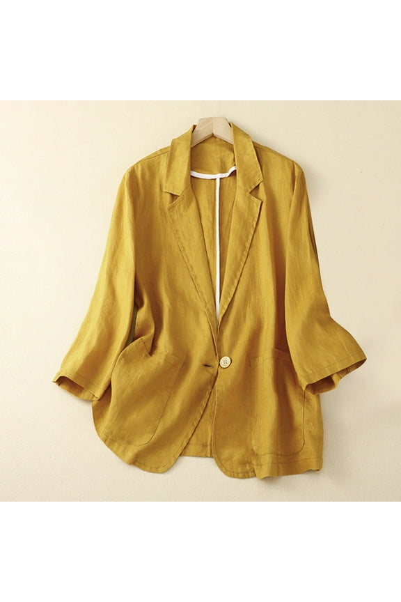Luxalzxs Women's Linen Cotton Casual Blazer Jackets Lightweight Sports Coats Summer Solid Color Casual Long Sleeve Open Front One Button Suit Jacket Business Office Dressy Jacket Suit