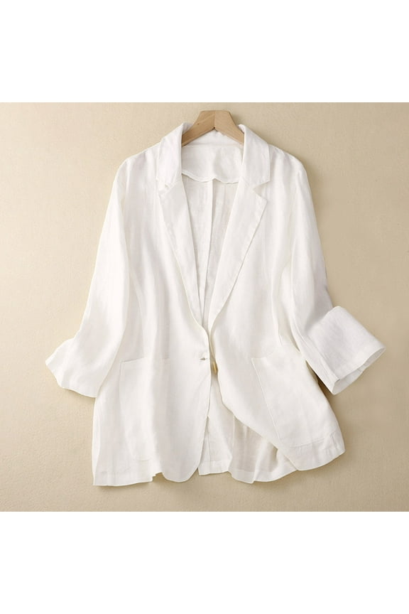 Luxalzxs Women's Linen Cotton Casual Blazer Jackets Lightweight Sports Coats Summer Solid Color Casual Long Sleeve Open Front One Button Suit Jacket Business Office Dressy Jacket Suit