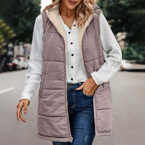 Luxalzxs Women's Long Puffer Vest Reversible Vests Sleeveless Fleece Lined Jacket Zip Up Hoodie Pockets Long Winter Warm Coat Outerwear