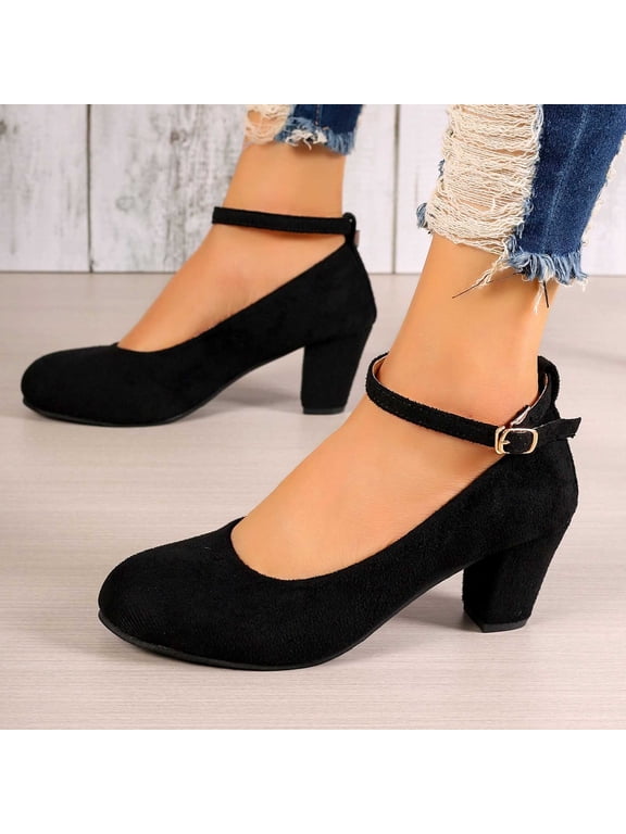 Luxalzxs Women's Mary Jane Heels Closed Toe Chunky Heel Round Toe Block High Heel Pumps Ankle Strap Low Block Dress Wedding Office Work Shoes